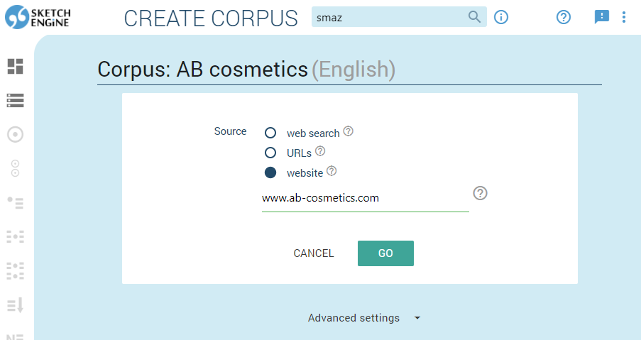 Screenshot of creating corpora in Sketch Engine