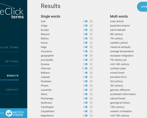 Screenshot from OneClick Terms – term extraction tool