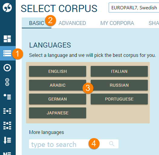 select a corpus - basic tab