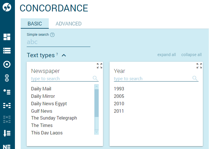 Text type (metadata) selector